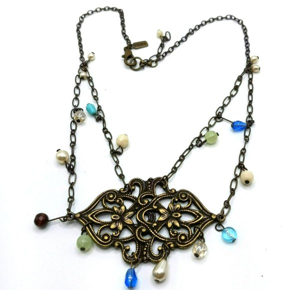 Rachel Roy Boho Art Deco Filigree Style Statement Necklace Bronze Tone Beads - Picture 3 of 5